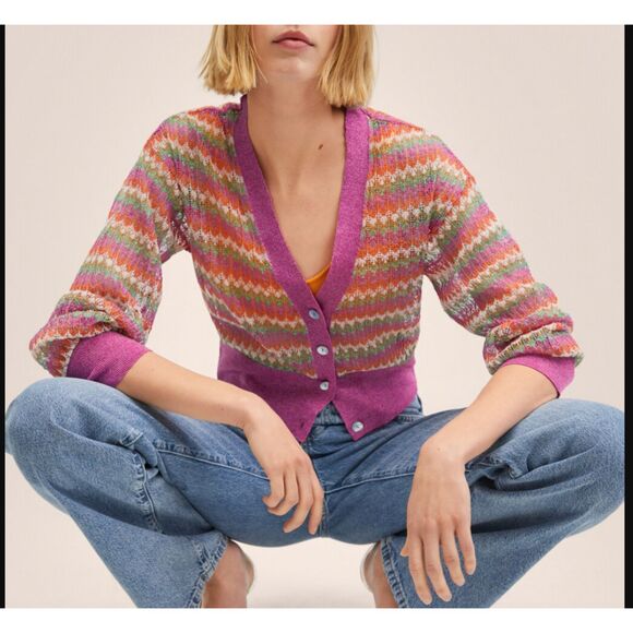 MANGO Striped Metallic Openwork‎ Knit Cardigan XS - Picture 2 of 6